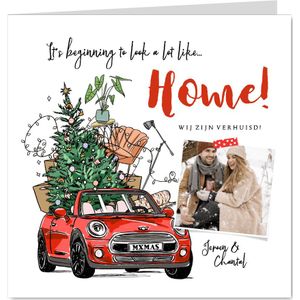 Verhuiskaart kerst illustratie auto kerstboom inboedel foto