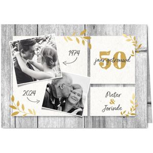 Hippe jubileumkaart 50 jaar met hout, gouden takjes & foto's