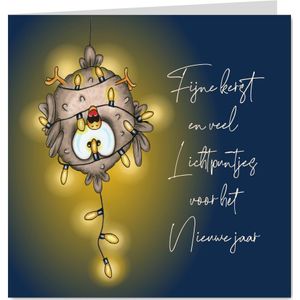 Kerstkaart vogel in lichtsnoer gevangen