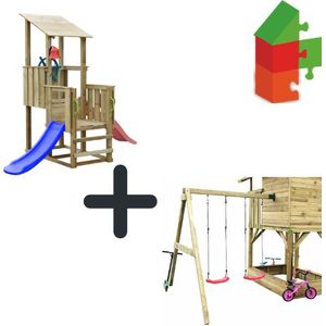 Holzturm Pirat inklusive 2 Rutschen - Prestige Garden lange Seite rot - kurze Seite blau mit Anbauschaukel.
