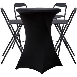 4x Inklapbare barkruk + 1x Statafel Zwart incl. zwarte rok - Opklapbaar - Met voetsteun - Cocktailtafel - Alora - Zwart
