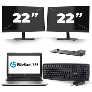 HP EliteBook 725 G2 - AMD A8 PRO-7150B - 12 inch - 8GB RAM - 256GB SSD - Windows 11 + 2x 22 inch Monitor