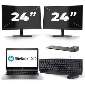 HP EliteBook Folio 1040 G2 - Intel Core i7-5e Generatie - 14 inch - 8GB RAM - 240GB SSD - Windows 11 + 2x 24 inch Monitor