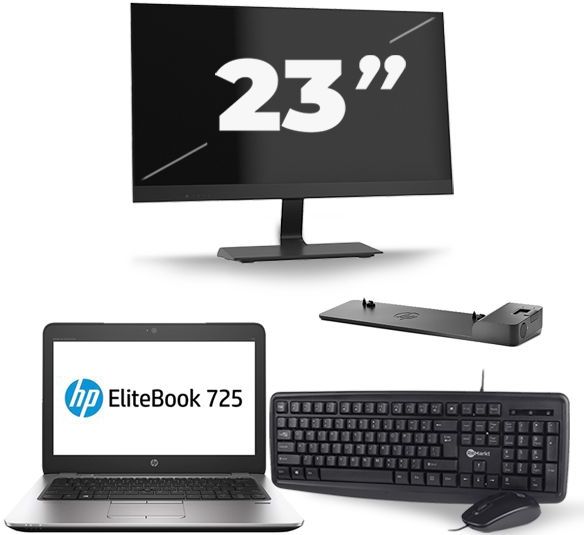 HP EliteBook 725 G2 - AMD A8 PRO-7150B - 12 inch - 8GB RAM - 256GB SSD - Windows 11 + 1x 23 inch Monitor