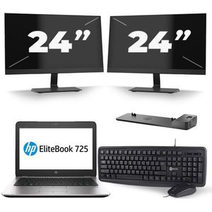 HP EliteBook 725 G2 - AMD A8 PRO-7150B - 12 inch - 8GB RAM - 256GB SSD - Windows 11 + 2x 24 inch Monitor