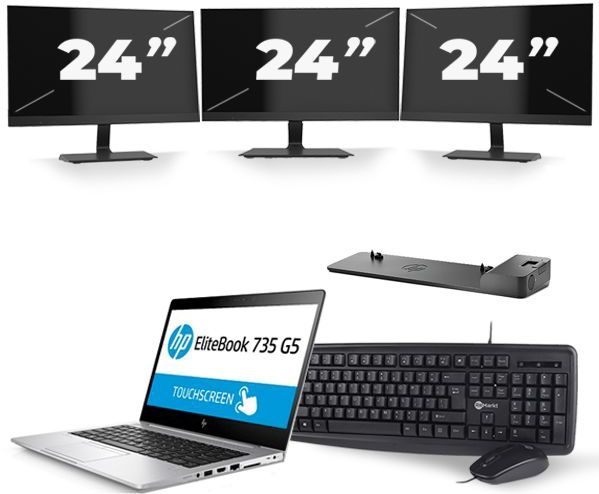 HP EliteBook 735 G5 - AMD Ryzen 5 PRO 2500U - 13 inch - 8GB RAM - 256GB SSD - Windows 10 + 3x 24 inch Monitor