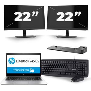 HP EliteBook 745 G5 - AMD Ryzen 7 2700U - 14 inch - 16GB RAM - 512GB SSD - Windows 10 + 2x 22 inch Monitor