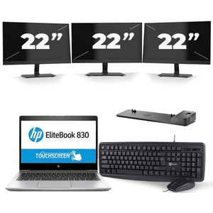 HP EliteBook 830 G5 - Intel Core i5-8e Generatie - 13 inch - 16GB RAM - 512GB SSD - Windows 11 + 3x 22 inch Monitor
