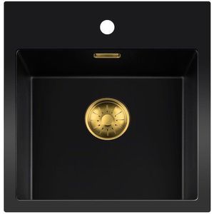Lorreine 40BQ37TH-T-GOLD Zwarte quartz spoelbak met kraangat en ronde korfplug.