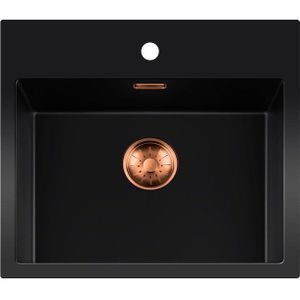 Lorreine 50BQ37TH-T-COPPER Zwarte quartz spoelbak met kraangat en ronde korfplug.