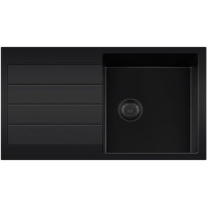 Lorreine 45BQ44DB-T Zwarte quartz spoelbak met kraangat en ronde korfplug.