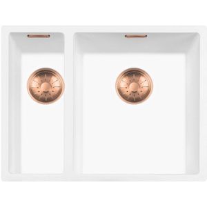 Lorreine 3415WQ-FU-COPPER Witte quartz spoelbak met ronde korfplug.