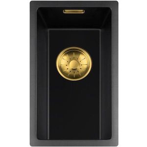 Lorreine 17BQ-FU-GOLD Zwarte quartz spoelbak met ronde korfplug.