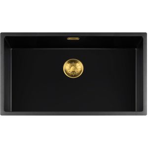 Lorreine 74BQ-FU-GOLD Zwarte quartz spoelbak met ronde korfplug.