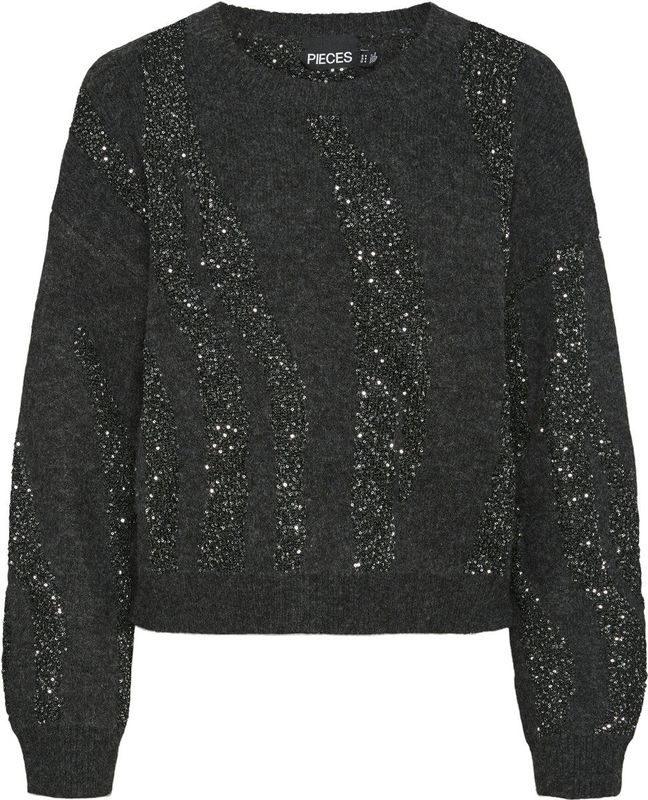 Pieces Trui Pcrada Ls O-neck Sequin Knit Bc 17153432 Dark Grey Melange/dtm Sequin Dames Maat - M