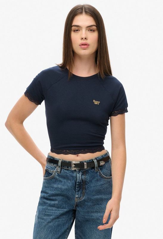 Superdry 90s Lace Trim Korte Mouw Top Blauw XS Vrouw