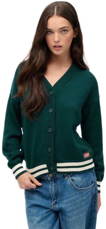 Superdry - Gebreid Vest - Smaragd/Wit - V-hals - Lange Mouw