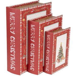Clayre & Eef Opbergdoos Set van 3 Boeken 27x22x7 / 22x17x6 / 17x12x4 cm Rood Houtproduct Rechthoek Kerstboom Merry Christmas