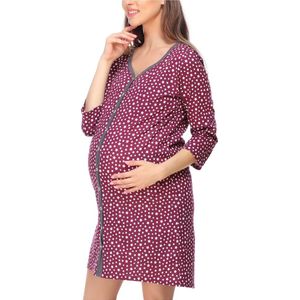 Be Mammy - BE-BE20-276-ND - Nachtjapon - Witte Sterren (Wijnrood) - Zwangerschaps Nachthemd - 3/4 Mouwen - Katoen