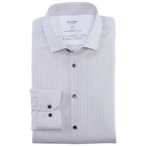 OLYMP 24/7 Level 5 body fit overhemd, popeline, wit met beige en donkerblauw dessin