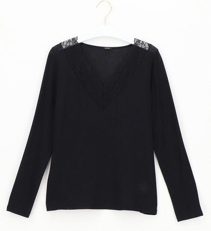 Oroblu - Perfect Line Cashmere - Lace T-Shirt - Zwart - Lange Mouwen