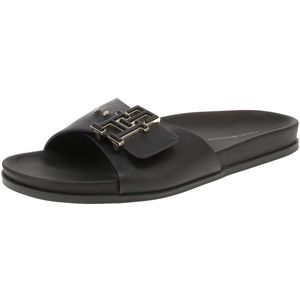 Tommy Hilfiger - Zwarte Leren Gesp Slides Sandaal - Dames