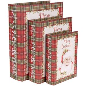Clayre & Eef Opbergdoos Set van 3 Boeken 27x22x7 / 22x17x6 / 17x12x4 cm Rood Wit MDF Kerstman