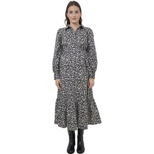 Lange zwangerschaps- en voedingsjurk - Zwart - Met Knopen en Bloemenprint