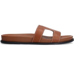 Manfield - Cognac - Leren Slippers - Plateauzool 2 cm