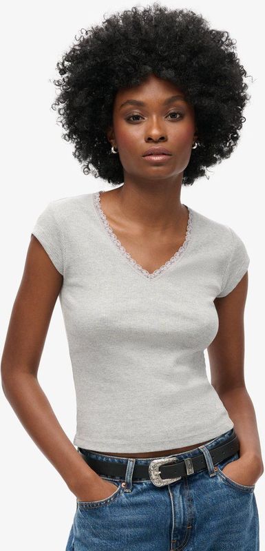 Superdry - Athletic Essential Lace Trim - T-shirt - Grijs - Korte Mouwen - V-hals