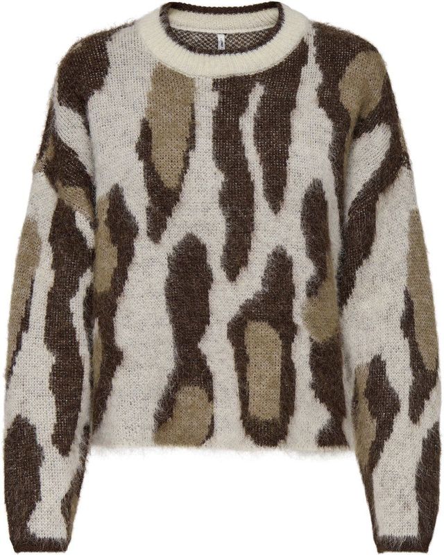 Only - Onledelie Life Ls Jq O-neck Knt - Damestrui - Creme/melange - Animal Print