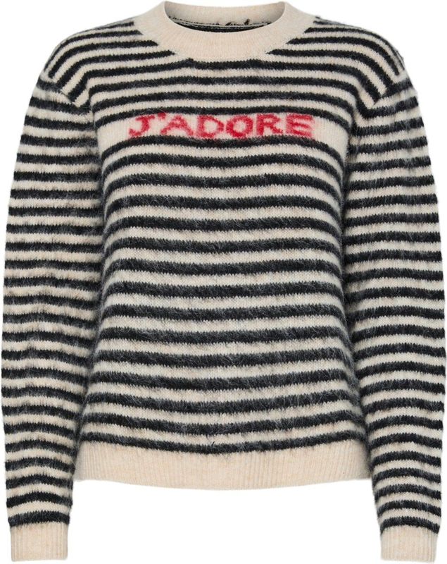 Pieces - Pcjada Ls O-neck Knit - Gebreide Trui - Birch/Black - Dames