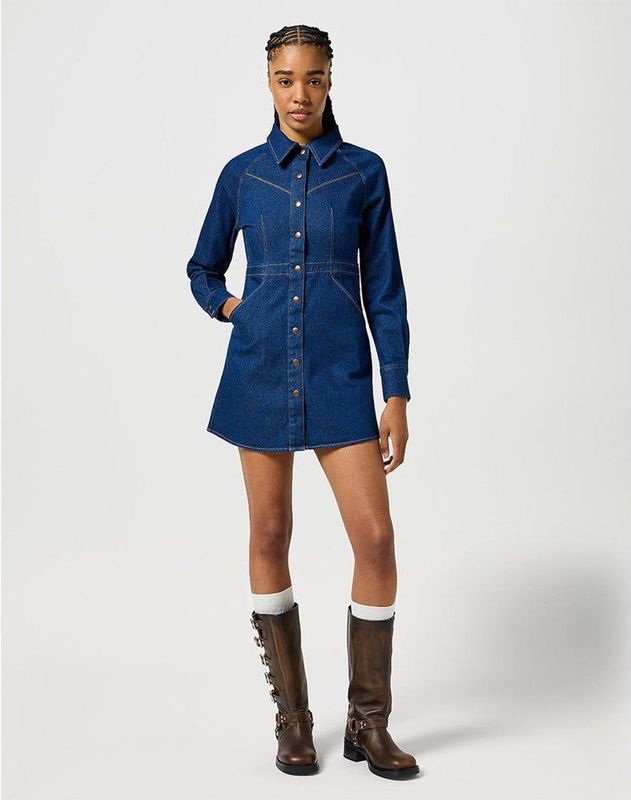 Wrangler - Slim Fit Dress - Blauw - Korte Jurk Met Lange Mouwen