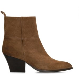 Manfield - Dames - Taupe suède enkellaarsjes met hak - Maat 36