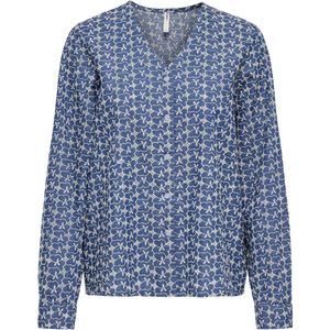 Only - Onlelvira Ls Print - Blouse - Medium Blauw Denim - Ajourpatroon