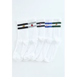Trendyol Wit Unisex 5-Pack Geborduurd Katoen Gestreept College-Tennis-Medium Sokken Tmnaw25Co00022