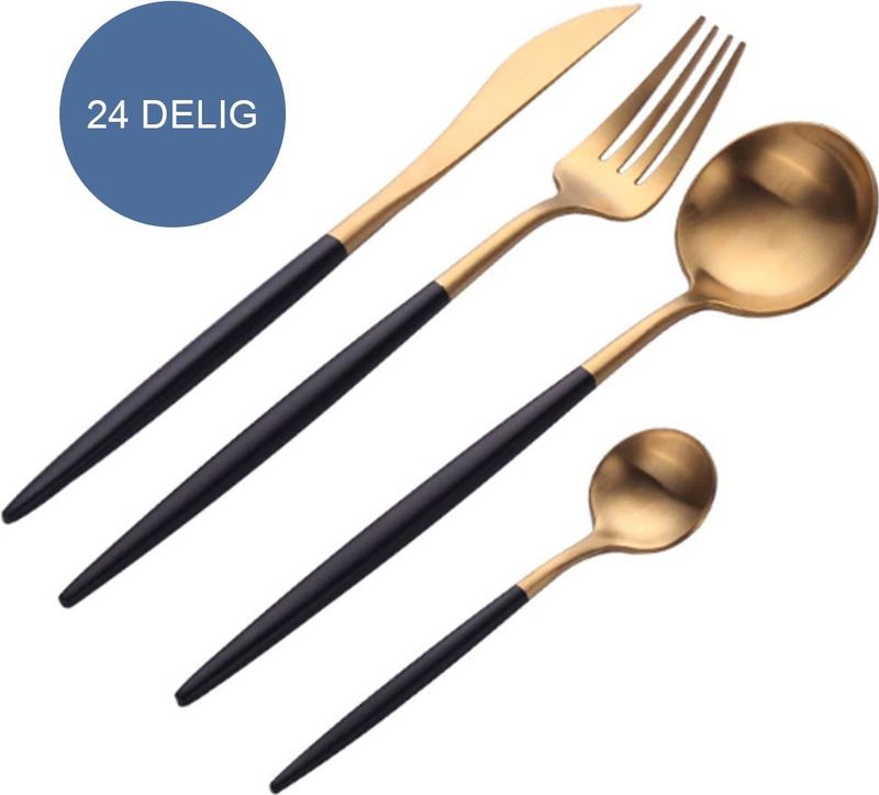 Krumble - Bestekset - Goud en Zwart - 24 Delig - Voor 6 Personen - RVS