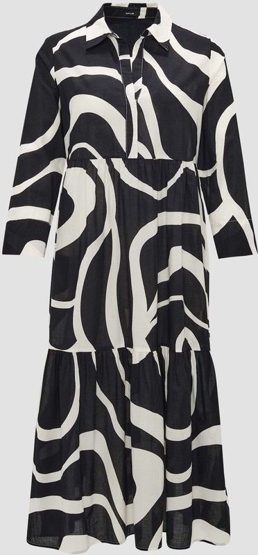 Opus - A-lijn Jurk - Zwart - Midi - Ecru Print