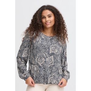 Fransa - Blouse - Blauw - Met Print - Ronde Hals - Elastische Banden bij de Mouwen