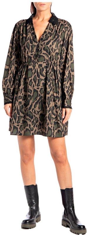 Replay - W9758 .000.73820 - Jurk - Groen - Korte Jurk met Lange Mouwen