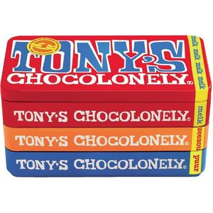 Chocolade Tony's Chocolonely reep 180gr in blik puur-melk en karamel zeezout