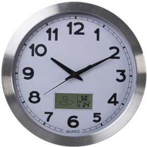 ALUMINIUM WANDKLOK MET LCD-DISPLAY EN THERMOMETER, HYGROMETER & WEERSVOORSPELLING - Ø 35 cm