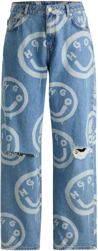 Baggy-fit destroyed jeans met logo’s in Happy HUGO stijl