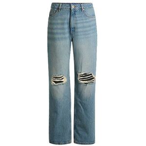 Straight-fit jeans met gescheurde knieën van aquablauw denim