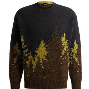 Relaxed-fit trui van een katoenmix met bosdessin in jacquard