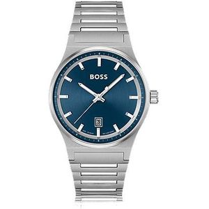 Horloge met blauwe wijzerplaat en geschakelde polsband van roestvrij staal