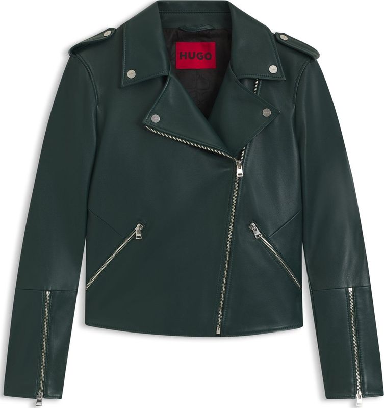 Straight-fit bikerjas van leer met ritsdetails