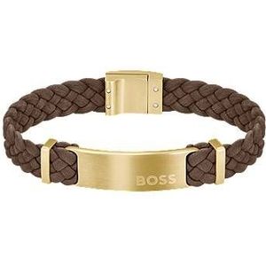 Gevlochten armband van bruine suède met logoplaatje