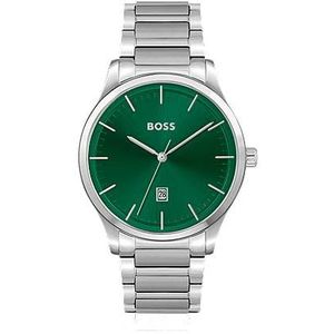 Horloge met groene wijzerplaat en zilverkleurige, geschakelde polsband