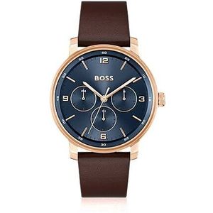 Horloge met blauwe wijzerplaat en polsband van bruin leer